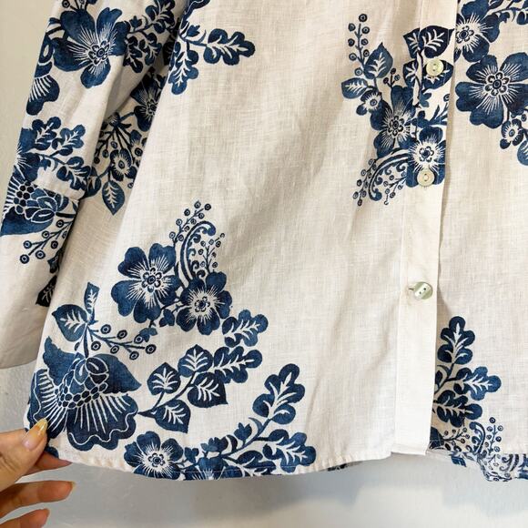 CHICO'S 100% Linen Watercolor Floral Print Button Front Shirt Size 14/L - Picture 5 of 14
